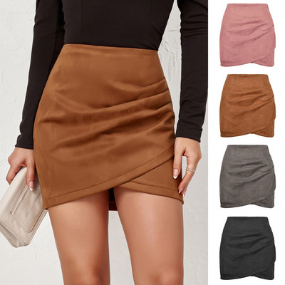 Fusta scurtă cu fermoar neregulat cu pliuri în cruce de piele de toamnă de culoare uni pentru femei, fuste bodycon sexy pentru dama de birou