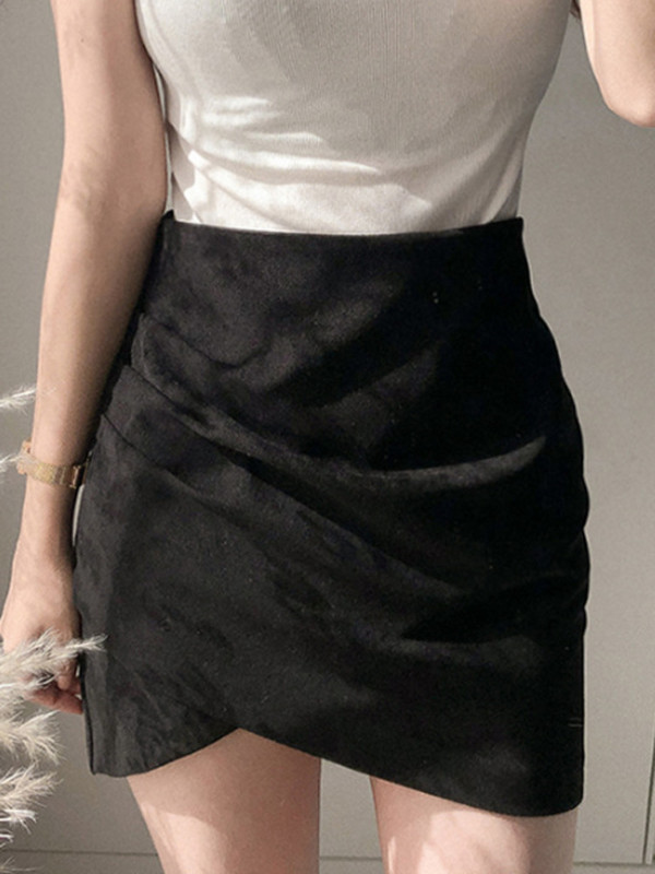 Νέα φθινοπωρινή μονόχρωμη σουέτ φούστα με πλισέ σταυρό ακανόνιστη κοντή φούστα με φερμουάρ Γυναικεία σέξι Bodycon Γυναικεία γυναικεία φούστα