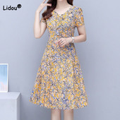 Rochii de modă cu decolteu în V cu imprimeu floral de epocă Îmbrăcăminte pentru femei 2023 de vară casual cu mânecă scurtă Rochii elegante pentru femei cu talie înaltă