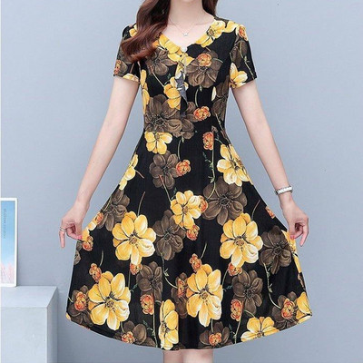 Rochii de modă cu decolteu în V cu imprimeu floral de epocă Îmbrăcăminte pentru femei 2023 de vară casual cu mânecă scurtă Rochii elegante pentru femei cu talie înaltă