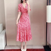 Κομψό εμπριμέ με λαιμόκοψη σε V-λαιμόκοψη, βολάν, λουλουδάτο φόρεμα Γυναικεία ρούχα 2023 Νέο φαρδύ Γυναικείο Μακρύ Φόρεμα Γραφείου