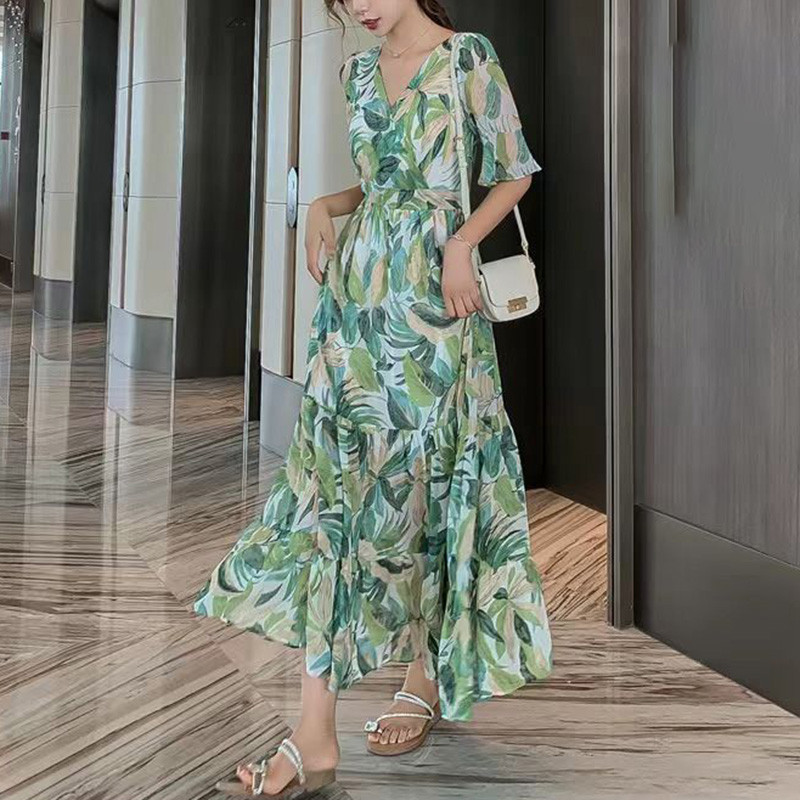 Κομψό εμπριμέ με λαιμόκοψη σε V-λαιμόκοψη, βολάν, λουλουδάτο φόρεμα Γυναικεία ρούχα 2023 Νέο φαρδύ Γυναικείο Μακρύ Φόρεμα Γραφείου