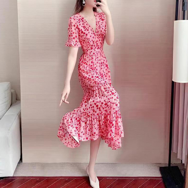 Κομψό εμπριμέ με λαιμόκοψη σε V-λαιμόκοψη, βολάν, λουλουδάτο φόρεμα Γυναικεία ρούχα 2023 Νέο φαρδύ Γυναικείο Μακρύ Φόρεμα Γραφείου