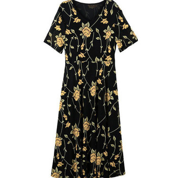 Модни ледени копринени летни рокли с кръгло деколте с флорални щампи с къси ръкави и къси ръкави, средна дължина