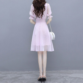 Шифонена розова рокля Дамска корейска модна абитуриентска рокля с яка с волани и тънка талия Женска рокля с къс ръкав за празнуване на рожден ден S-2xl