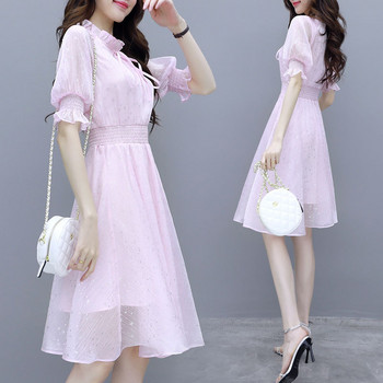 Шифонена розова рокля Дамска корейска модна абитуриентска рокля с яка с волани и тънка талия Женска рокля с къс ръкав за празнуване на рожден ден S-2xl