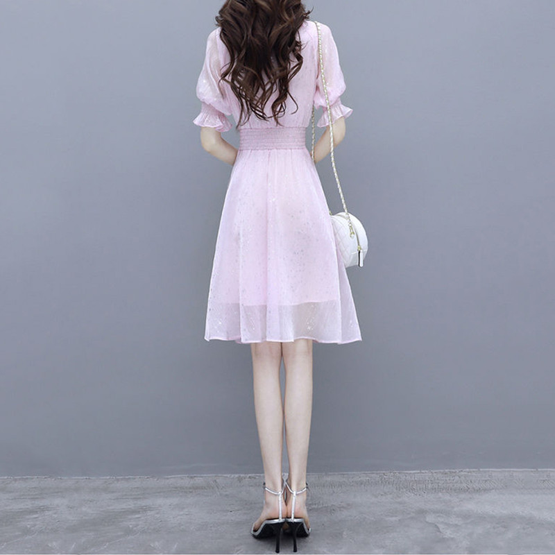 Sifonkist roosa kleit Naiste Korea moe volangidega krae ballikleit õhukese vöökohaga naiste lühikeste varrukatega sünnipäevakleit S-2xl