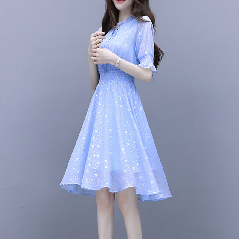 Sifonkist roosa kleit Naiste Korea moe volangidega krae ballikleit õhukese vöökohaga naiste lühikeste varrukatega sünnipäevakleit S-2xl