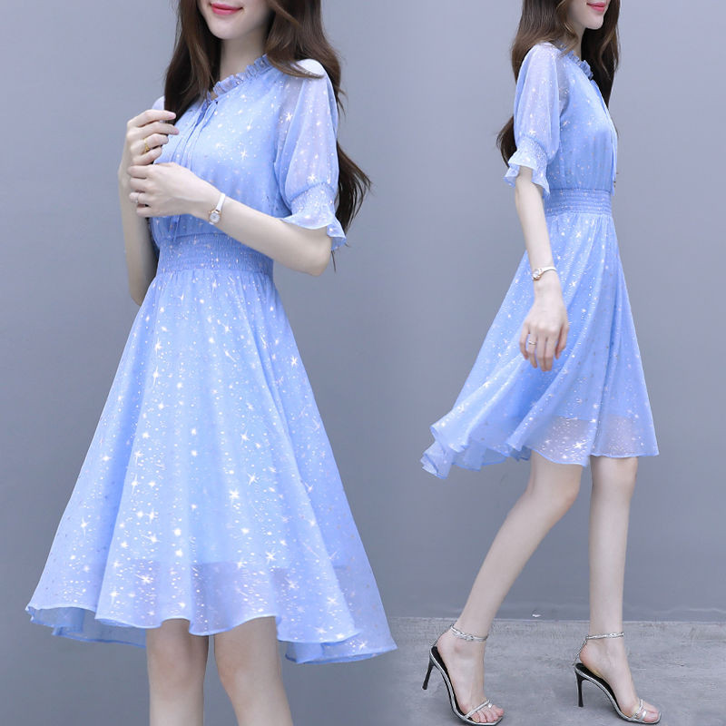 Sifonkist roosa kleit Naiste Korea moe volangidega krae ballikleit õhukese vöökohaga naiste lühikeste varrukatega sünnipäevakleit S-2xl