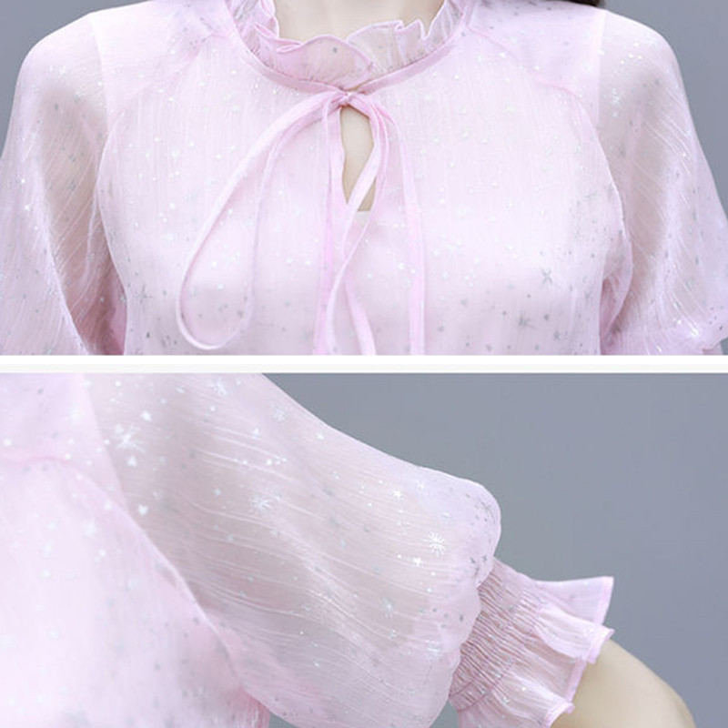 Sifonkist roosa kleit Naiste Korea moe volangidega krae ballikleit õhukese vöökohaga naiste lühikeste varrukatega sünnipäevakleit S-2xl