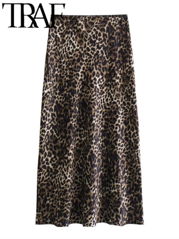 TRAF 2024. Proljetna, elegantna ženska satenska suknja s uzorkom životinja, patentnim zatvaračem, ženska duga midi suknja visokog struka Y2K donji dio