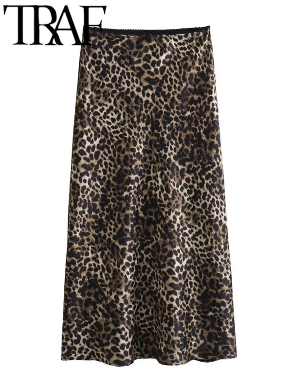 TRAF 2024. Proljetna, elegantna ženska satenska suknja s uzorkom životinja, patentnim zatvaračem, ženska duga midi suknja visokog struka Y2K donji dio