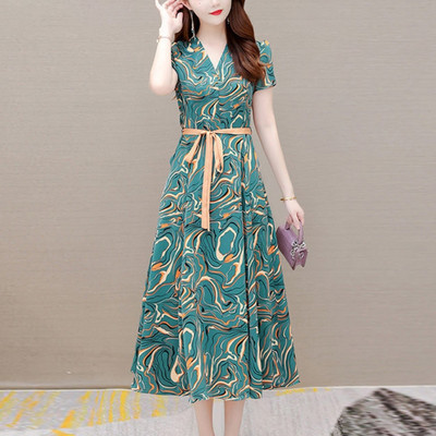 2024 Νέα μοντέρνα και κομψά κοντομάνικα γυναικεία φορέματα μεσαίου μήκους με εμπριμέ επίδεσμο με εμπριμέ επίδεσμο με κοντό μανίκι 2024