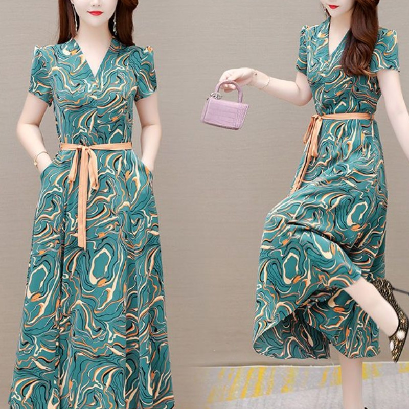 2024 Νέα μοντέρνα και κομψά κοντομάνικα γυναικεία φορέματα μεσαίου μήκους με εμπριμέ επίδεσμο με εμπριμέ επίδεσμο με κοντό μανίκι 2024