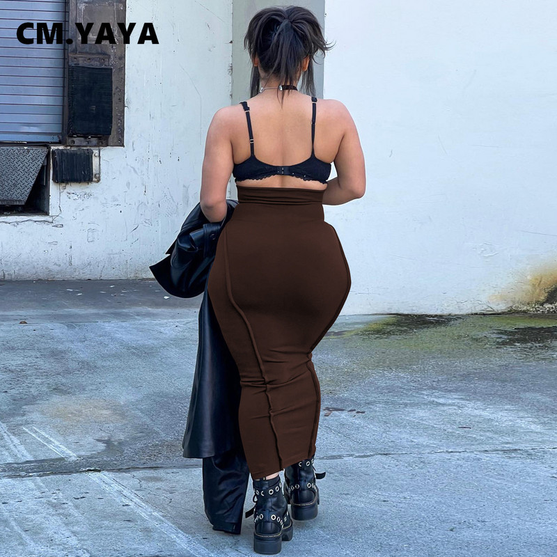 CM.YAYA Moda pentru femei, cu talie înaltă, cu talie înaltă, bodycon, fustă midi Maxi, 2023 pentru femei, îmbrăcăminte de stradă șic, fuste lungi creion