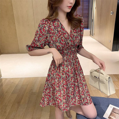 Kleit Naistele V-kaelusega lillemustriga tuunika top Puhkus Boho romantiline retro suvine uus lühikeste varrukatega naistele šikk mood igapäevane prantsuse keel