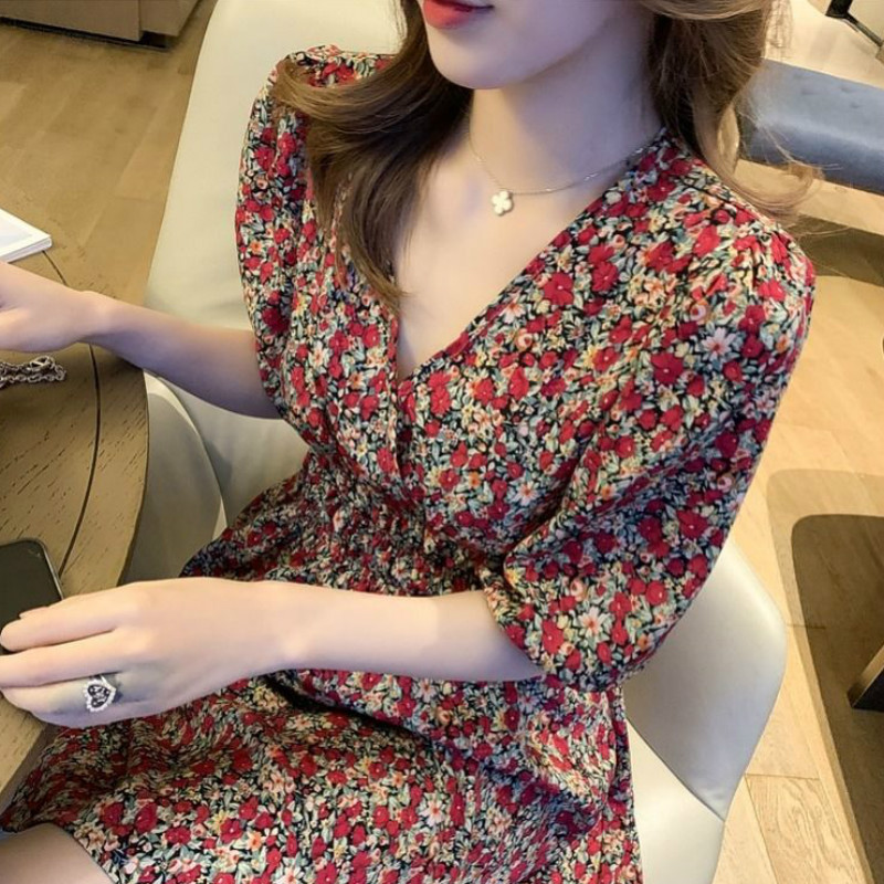 Kleit Naistele V-kaelusega lillemustriga tuunika top Puhkus Boho romantiline retro suvine uus lühikeste varrukatega naistele šikk mood igapäevane prantsuse keel