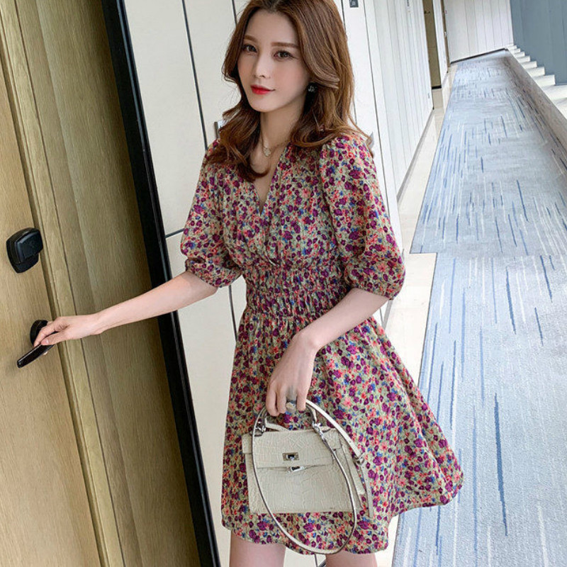 Kleit Naistele V-kaelusega lillemustriga tuunika top Puhkus Boho romantiline retro suvine uus lühikeste varrukatega naistele šikk mood igapäevane prantsuse keel