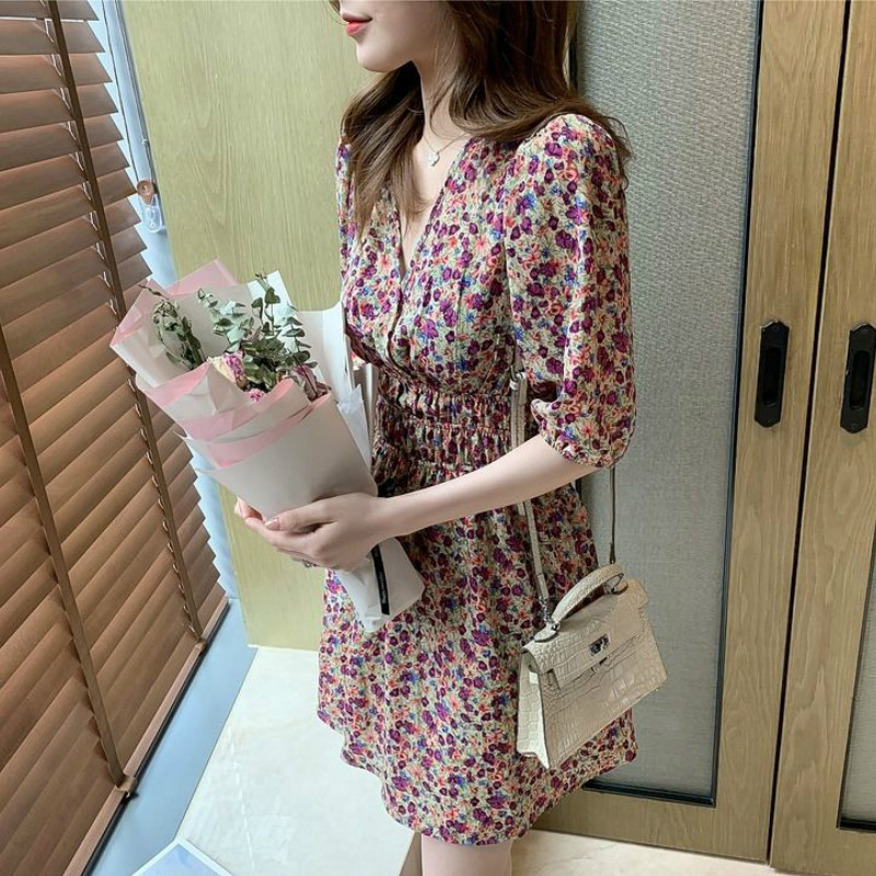 Kleit Naistele V-kaelusega lillemustriga tuunika top Puhkus Boho romantiline retro suvine uus lühikeste varrukatega naistele šikk mood igapäevane prantsuse keel