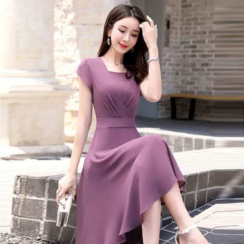 Sifonki ruudu kaelarihm, ülisuur 4xl naiste kleit õhuke korea elegantne A-line Vestidos põlvedeni vabaaja soliidsed suvekleidid uus