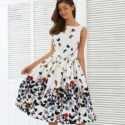Rochie de damă, pliată, cu șireturi, fără mâneci, cu imprimeu de grădină, cu rochie jucăușă drăguță de lungime mijlocie