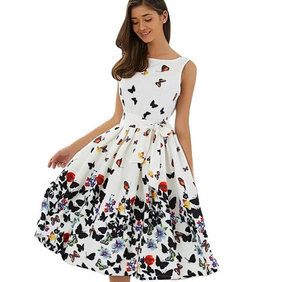 Ženska plisirana haljina na vezanje s okruglim izrezom bez rukava s vrtnim printom i razigranom slatkom haljinom srednje dužine