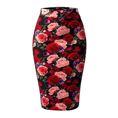 2024 Nou European Red Rose Print Flower Summer Women Fuste Creion Lady Midi Saias Femei Black Faldas Fete Slim Bottoms S-2XL