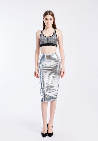 Metalik zlatna suknja od umjetne kože Seksi ženska suknja visokog struka uz tijelo sjajna srebrna pencil suknja