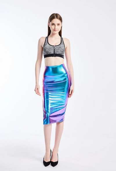 Metalik zlatna suknja od umjetne kože Seksi ženska suknja visokog struka uz tijelo sjajna srebrna pencil suknja