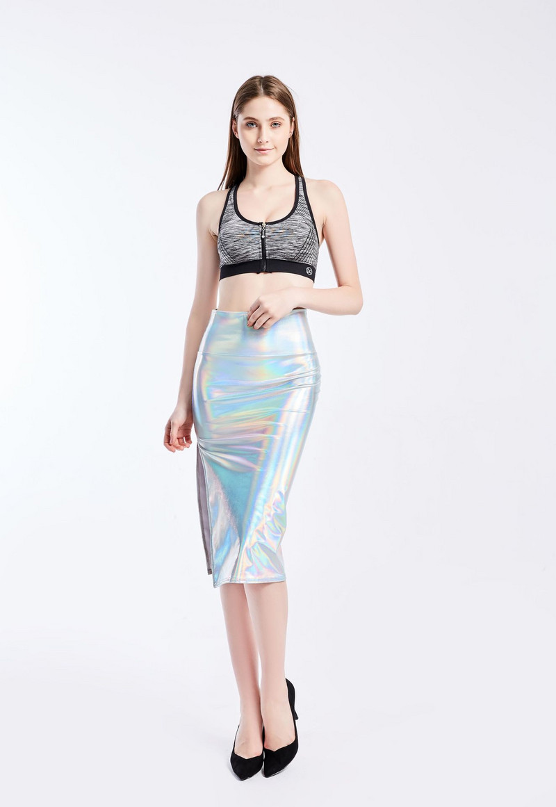 Metalik zlatna suknja od umjetne kože Seksi ženska suknja visokog struka uz tijelo sjajna srebrna pencil suknja