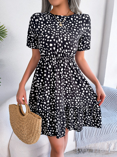 Rochie casual cu mânecă scurtă, cu volane, cu imprimeu leopard, pentru vara 2023