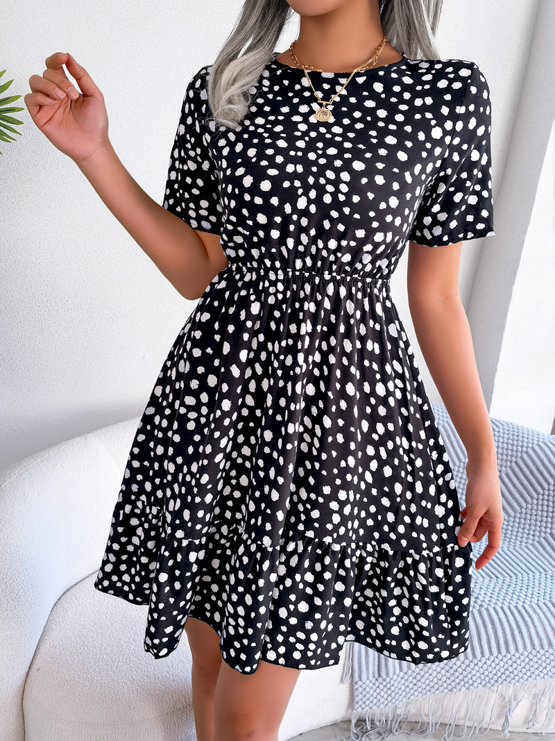 Rochie casual cu mânecă scurtă, cu volane, cu imprimeu leopard, pentru vara 2023