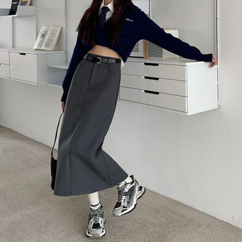 Дамски летни миди поли Корейски преппи стил Прави моливи поли с висока талия и разделяне на гърба Y2k Streetwear Falda Femme Jupes