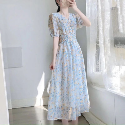 Sweet Gentle Prairie Chic V-kaelusega šifoonist lilleline kleit naiste kevadsuvise stiiliga nööbiga Elastne kõrge vöökoht õhukesed õhukesed pikad kleidid