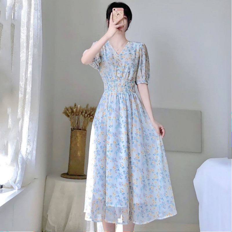 Sweet Gentle Prairie Chic V-kaelusega šifoonist lilleline kleit naiste kevadsuvise stiiliga nööbiga Elastne kõrge vöökoht õhukesed õhukesed pikad kleidid