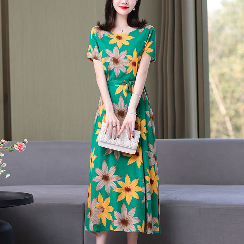 New Arrival Fashion 2024 Summer Dress Vestido Loose O-neck Casual print Floral βαμβακερό λινό Γυναικεία φορέματα σε μέγεθος