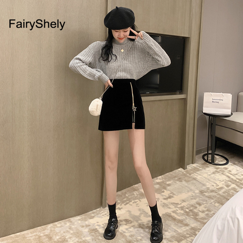 FairyShely Μαύρη Μίνι Γυναικεία Φούστα 2024 Βελούδινη Κοντή Pencil Φούστα Κορεάτικη Γυναικεία Σέξι Φούστες Γραφείου Ψηλόμεση Φούστες Φάλντα με φερμουάρ