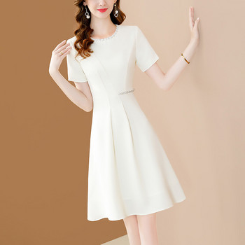 EVNISI Дамска шикозна шифонена рокля с мъниста, О-образно деколте, Елегантни бели офис рокли с A-LINE, Тънко парти облекло за жени Лято 2024 г.
