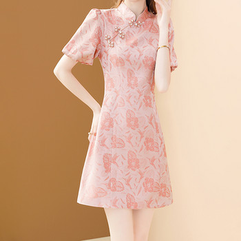 EVNISI Дамска розова, елегантна рокля с бродирани цветя, ретро копчета, китайски стил, а-силует Vestido Ежедневни офис дамски Cheongsam