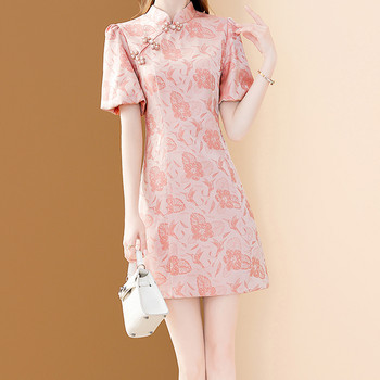 EVNISI Дамска розова, елегантна рокля с бродирани цветя, ретро копчета, китайски стил, а-силует Vestido Ежедневни офис дамски Cheongsam