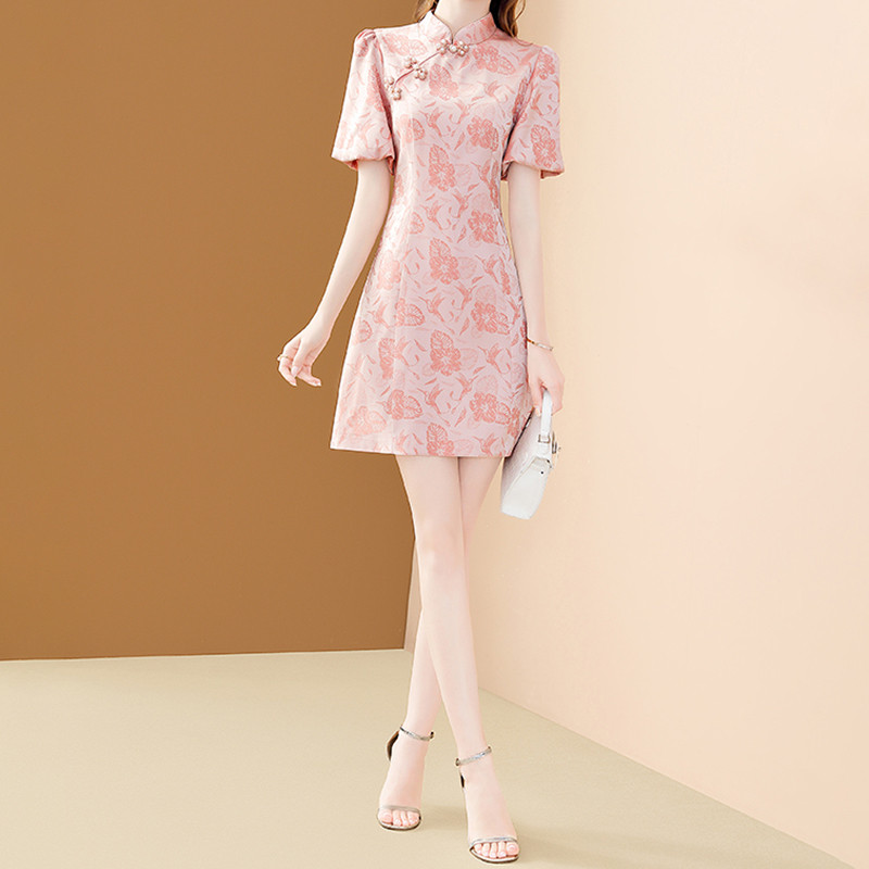 EVNISI naiste roosa elegantne lilledega tikitud kleit vintage nööbiga Hiina stiilis A-line Vestido vabaaja kontori naiste Cheongsam