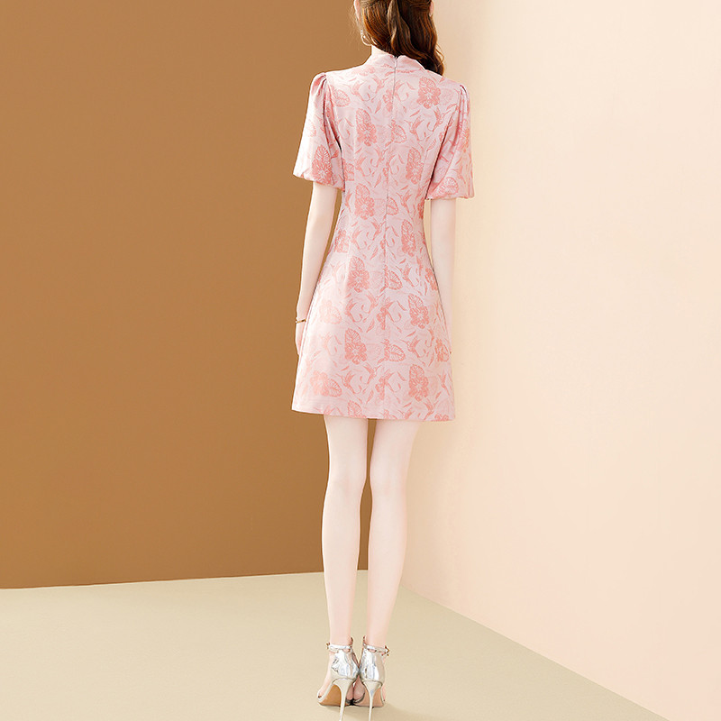 EVNISI naiste roosa elegantne lilledega tikitud kleit vintage nööbiga Hiina stiilis A-line Vestido vabaaja kontori naiste Cheongsam