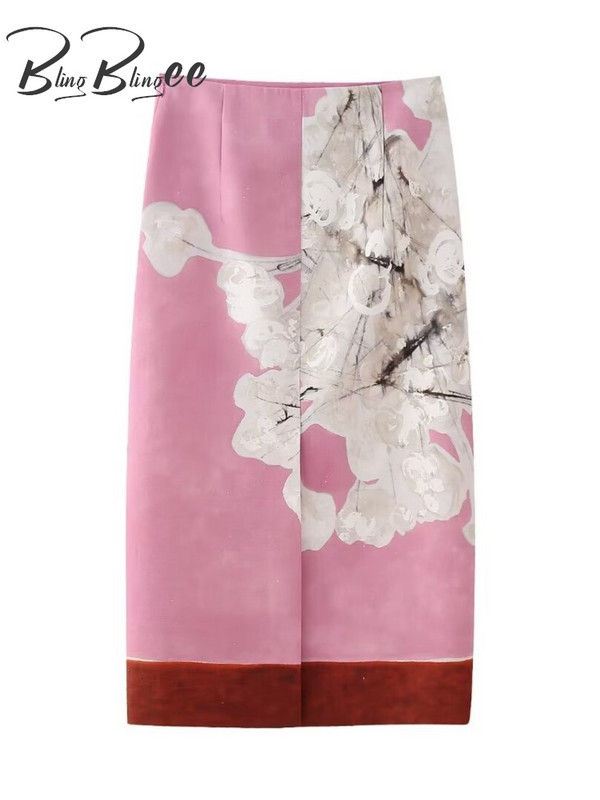 BlingBlingee 2024 Suvise lilleprintiga naiste pikk seelik Traf tõmblukk kõrge vöökohaga tuulutusava naiste Midi seeliku taga Y2K