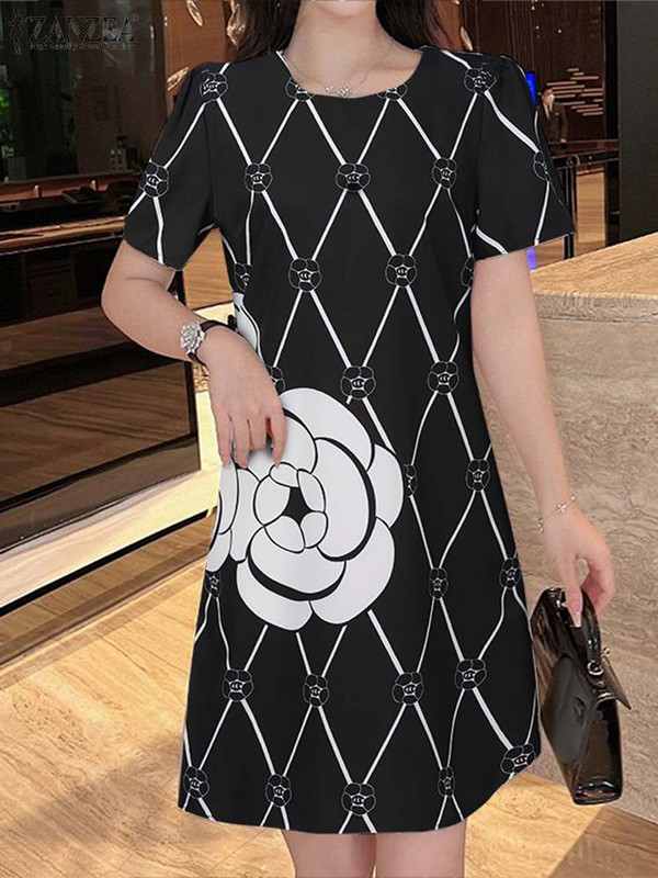 ZANZEA rochie de imprimare la modă pentru femei, cu mâneci scurte, cu decolteu O, rochii boeme, casual, midi, rochii elegante, până la genunchi, 2024