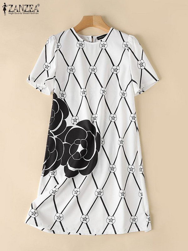 ZANZEA rochie de imprimare la modă pentru femei, cu mâneci scurte, cu decolteu O, rochii boeme, casual, midi, rochii elegante, până la genunchi, 2024