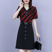 Κομψό commute γυναικείο εμπριμέ φόρεμα με δαντέλα V-λαιμόκοψη Καλοκαιρινό Νέα μόδα ψεύτικα φορέματα με δύο κουμπιά ματισμένα casual κοντά μανίκια