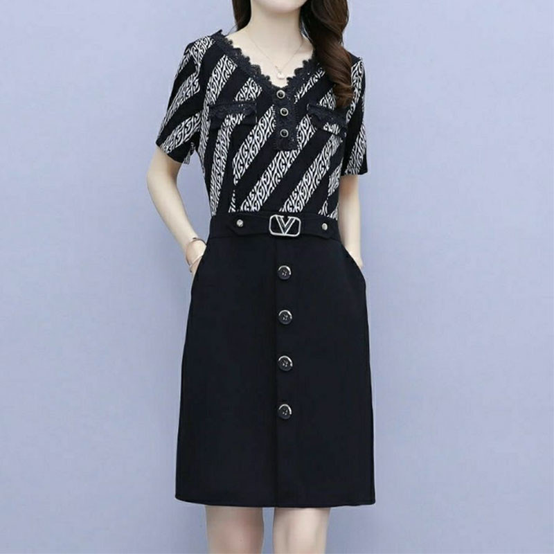 Κομψό commute γυναικείο εμπριμέ φόρεμα με δαντέλα V-λαιμόκοψη Καλοκαιρινό Νέα μόδα ψεύτικα φορέματα με δύο κουμπιά ματισμένα casual κοντά μανίκια