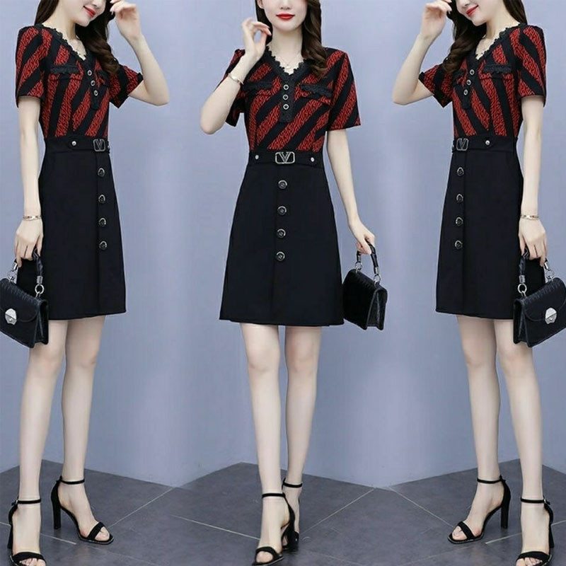 Κομψό commute γυναικείο εμπριμέ φόρεμα με δαντέλα V-λαιμόκοψη Καλοκαιρινό Νέα μόδα ψεύτικα φορέματα με δύο κουμπιά ματισμένα casual κοντά μανίκια