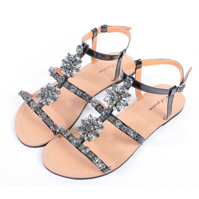 NOI Sandale de vară pentru femei Peep Toe Bohemia Pantofi plati cu diamante pentru femei, Casual, pentru plajă, cu strasuri, papuci de mărime mare