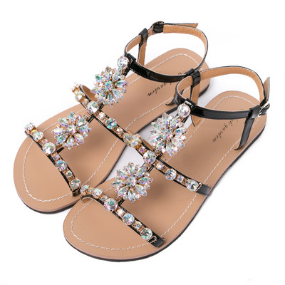 NOI Sandale de vară pentru femei Peep Toe Bohemia Pantofi plati cu diamante pentru femei, Casual, pentru plajă, cu strasuri, papuci de mărime mare